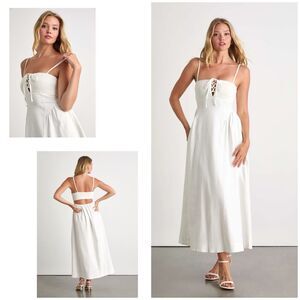 Lulus Laylie Dress Women's XL White Denim Midi Lace Up Smocked Bodice NWOT